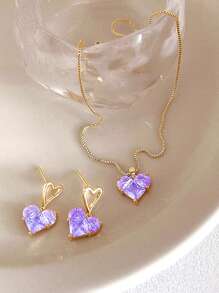 Set de 3 piezas de collar con colgante con forma de corazón morado con rhinestone y aretes a juego en estilo Y2k, ideal para fiestas, citas o uso diario, como un gran regalo para el Día de San Valentín - Morado - Ver 4