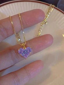 Set de 3 piezas de collar con colgante con forma de corazón morado con rhinestone y aretes a juego en estilo Y2k, ideal para fiestas, citas o uso diario, como un gran regalo para el Día de San Valentín - Morado - Ver 2
