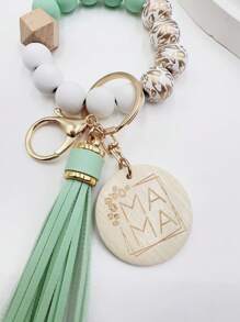 1pc Printed Wooden Bead Bracelet, Wrist Keychain, MAMA Beaded Tassel Keychain, Bag Charm Accessory, Women Key Chain, For Friends And Family Car Accessories Cute Goth Y2k Christmas Gift Ideas Bag Accessories Lanyards With Id Holder Car Accessories Bag Charms Car Teacher Sister - Green - View 2