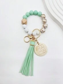 1pc Printed Wooden Bead Bracelet, Wrist Keychain, MAMA Beaded Tassel Keychain, Bag Charm Accessory, Women Key Chain, For Friends And Family Car Accessories Cute Goth Y2k Christmas Gift Ideas Bag Accessories Lanyards With Id Holder Car Accessories Bag Charms Car Teacher Sister - Green - View 4