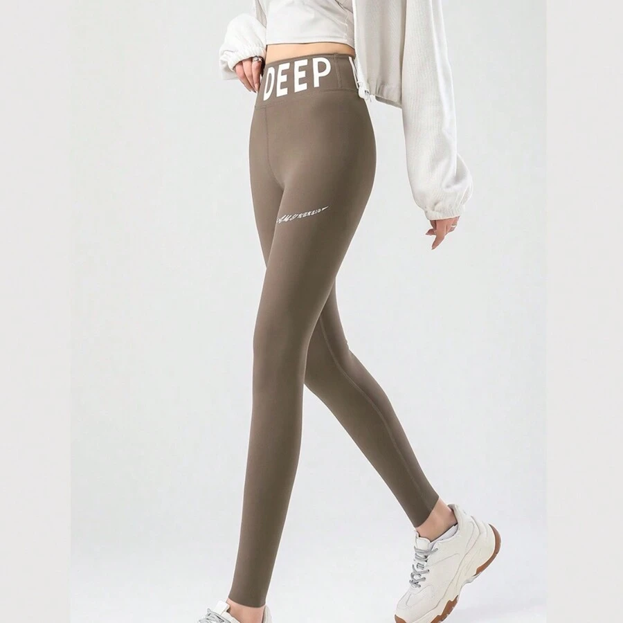 Leggings For Women With DEEP Letter, Fresh Fabric, Soft And Comfortable, Perfect For Sports, Yoga, Pilates - 棕色 - 查看 1