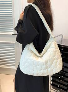 1 件白色绣花线尼龙大容量拉链时尚单肩包，适合女性日常使用