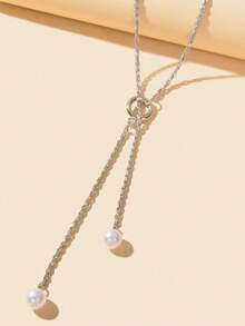 1 pieza Elegante collar de gota larga con diseño de cadena de plata minimalista y decoración de perla en forma de Y para mujer, joyería formal para el Body - Plateado - Ver 3