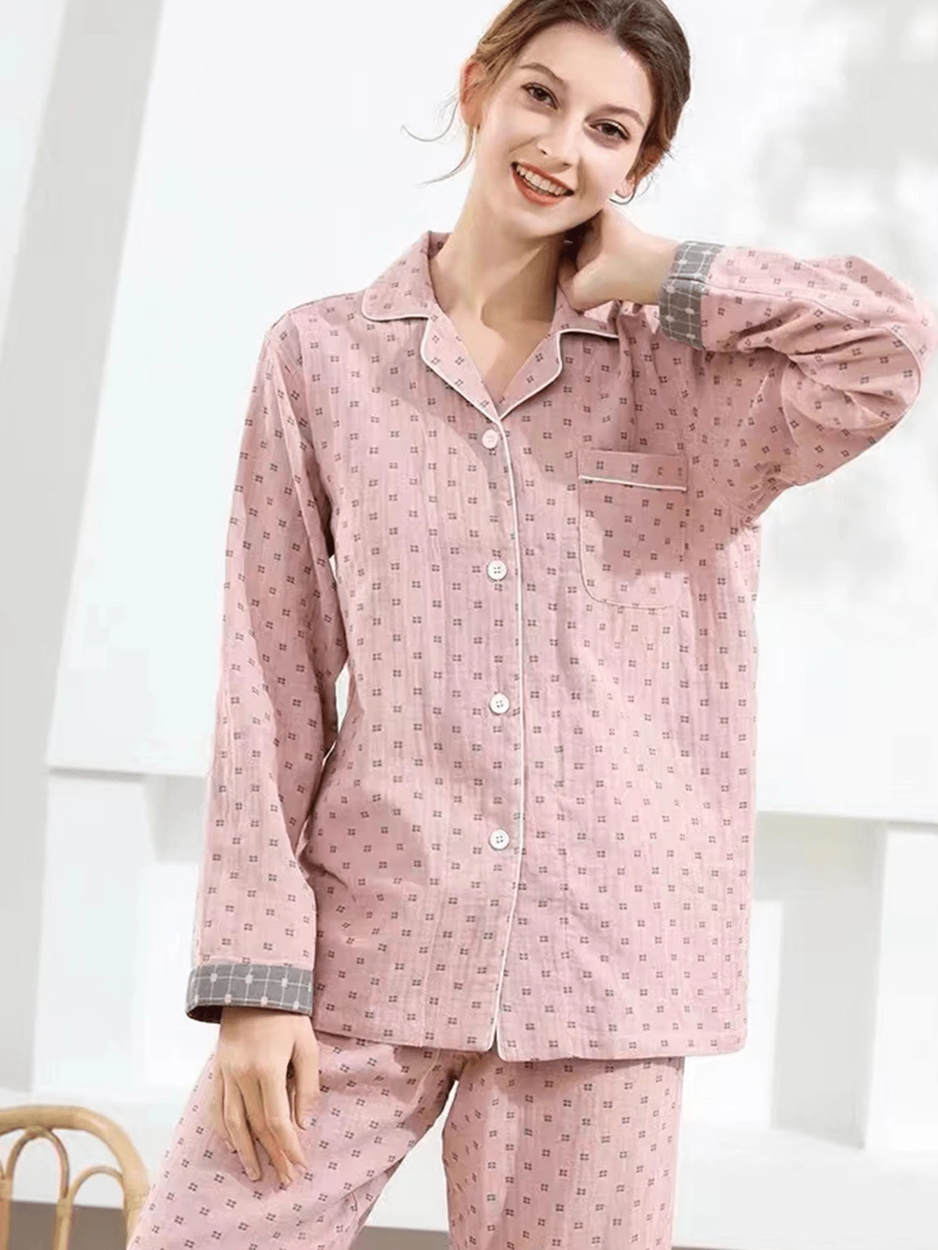 幾何圖案口袋家居服套裝 - 粉色 - 查看 1