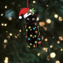 1入聖誕節黑貓亞克力2d標籤裝飾掛件,適用於房間、客廳、廚房、室外、花園、聖誕樹裝飾 - 黑色 - 查看 4