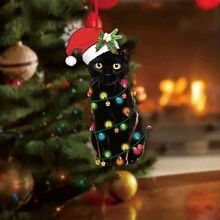1入聖誕節黑貓亞克力2d標籤裝飾掛件,適用於房間、客廳、廚房、室外、花園、聖誕樹裝飾 - 黑色 - 查看 2