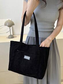 时尚宽敞条纹纯色休闲多用途双肩带女士单肩托特包 - 黑色 - 查看 4