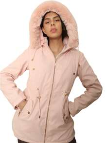 Chamarra Abrigo Para Dama Mujer Gorro de Peluche Ultima Moda y - Rosa - Ver 2