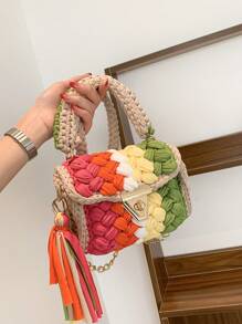 1pc Handmade Crochet Strip Multicolor Khaki Shoulder Bag, Color Blocking Design, And Minimalist Square Shape, Detachable Chain Handle, Large Capacity, Perfect For Daily Use, Party And As A Gift For Friends - Khaki - View 8