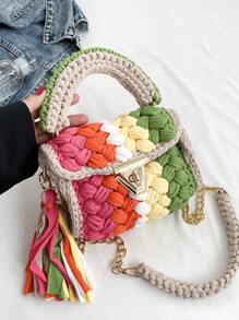 1pc Handmade Crochet Strip Multicolor Khaki Shoulder Bag, Color Blocking Design, And Minimalist Square Shape, Detachable Chain Handle, Large Capacity, Perfect For Daily Use, Party And As A Gift For Friends - Khaki - View 10
