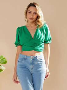 Women's Cropped Blouse / Princess Sleeves / Draped Blouse / Tie Back / With Built-In Bra - màu xanh lá - Xem 1