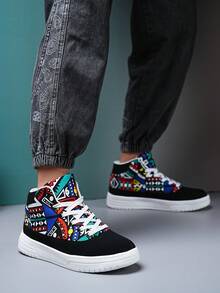 Men's Cool & Casual Sneakers With Thick Soles, Round Toe, Lace-Up And High Top Design, Wear-Resistant - Multicolor - View 2