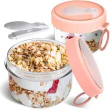 20盎司带盖隔夜燕麦片容器，带盖和勺子的燕麦片容器，防漏隔夜燕麦罐，方便携带的早餐杯，学校用品 - 彩色 - 查看 9