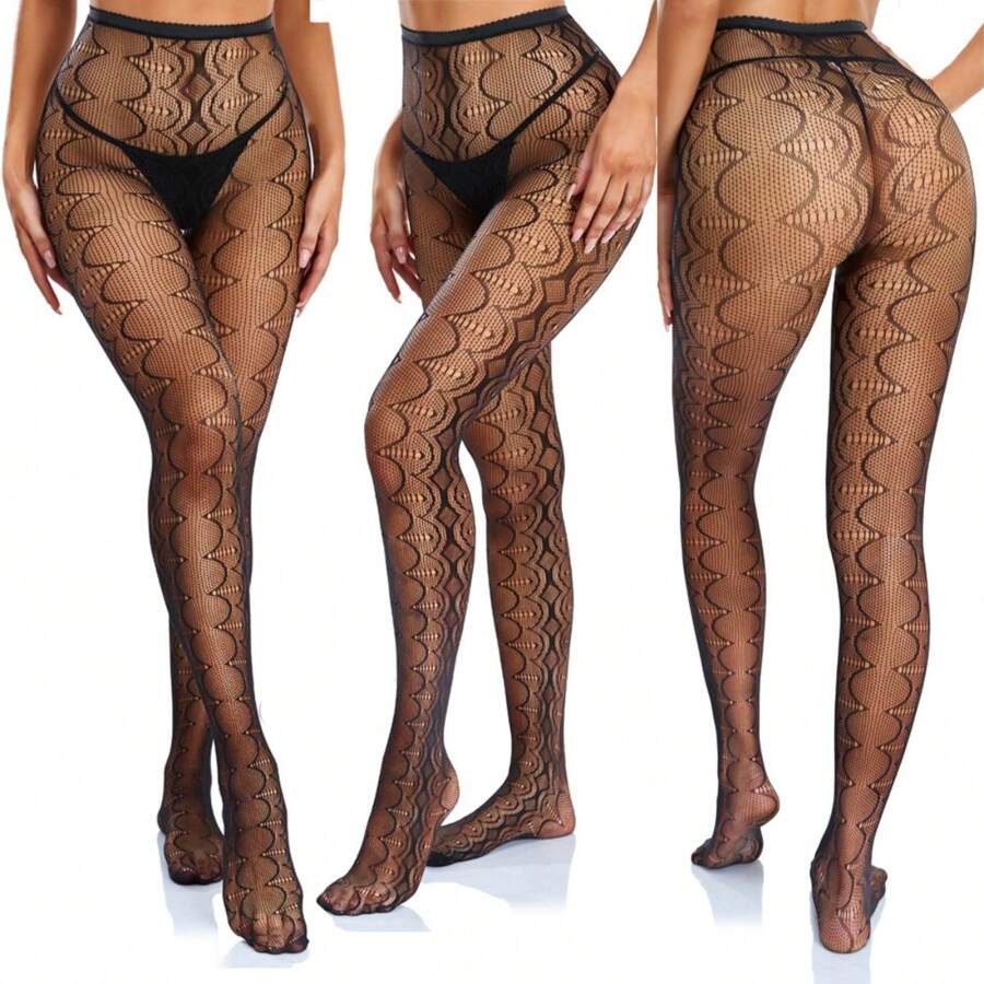 Black Sexy Fishnet Stockings Symmetrical Wave Pattern Halloween Design, Suitable For Daily Wear - Black - View 1
