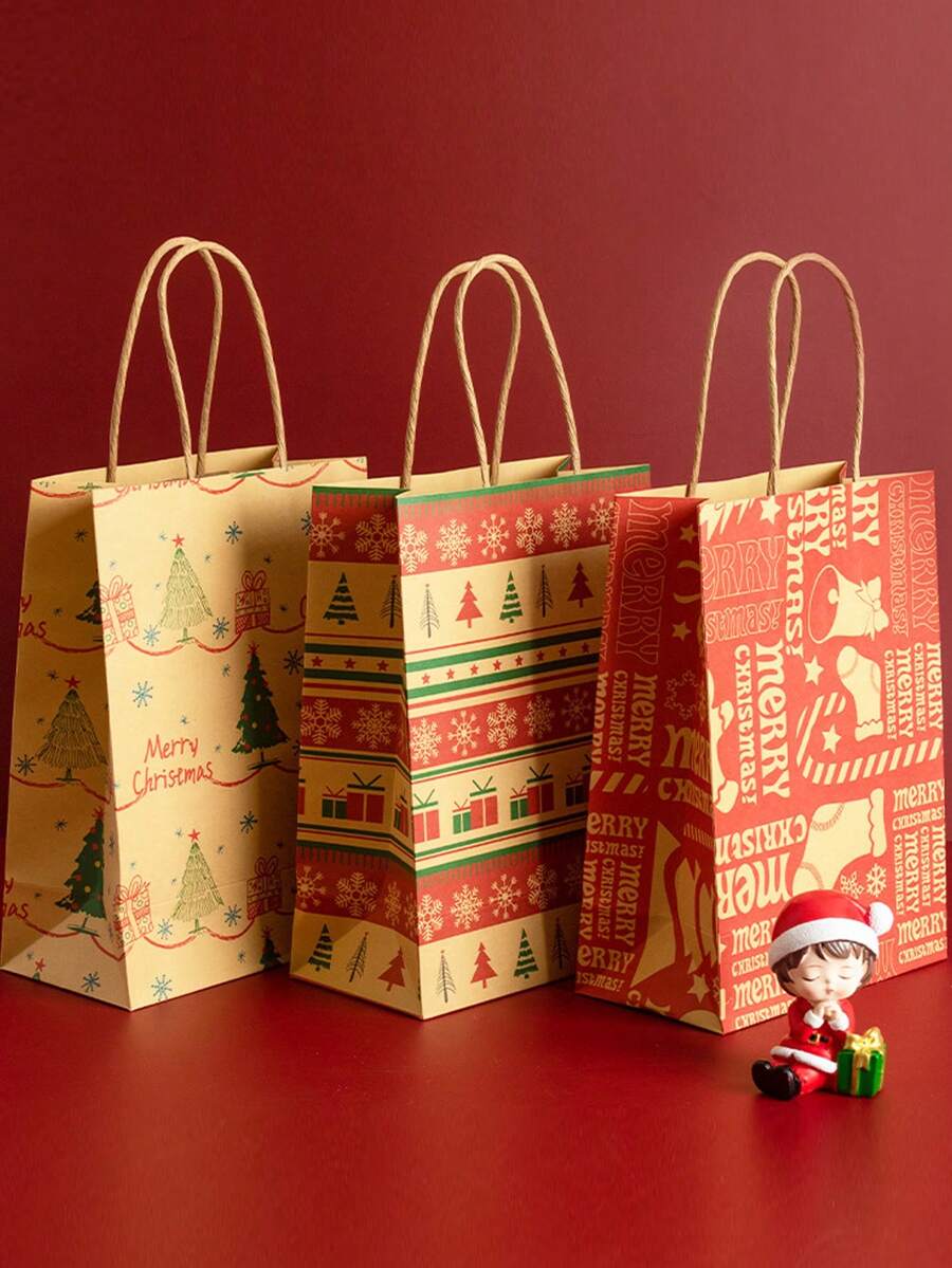 6入組聖誕節禮物包裝紙袋,平安夜手提袋,糖果禮品袋,蘋果包裝牛皮紙袋,假日禮物袋,適用於聖誕節使用 - 彩色 - 查看 1