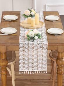 1pc White Lace Table Runner With Fringe And Leaf Pattern For Wedding Party Decoration - Black and White - View 1