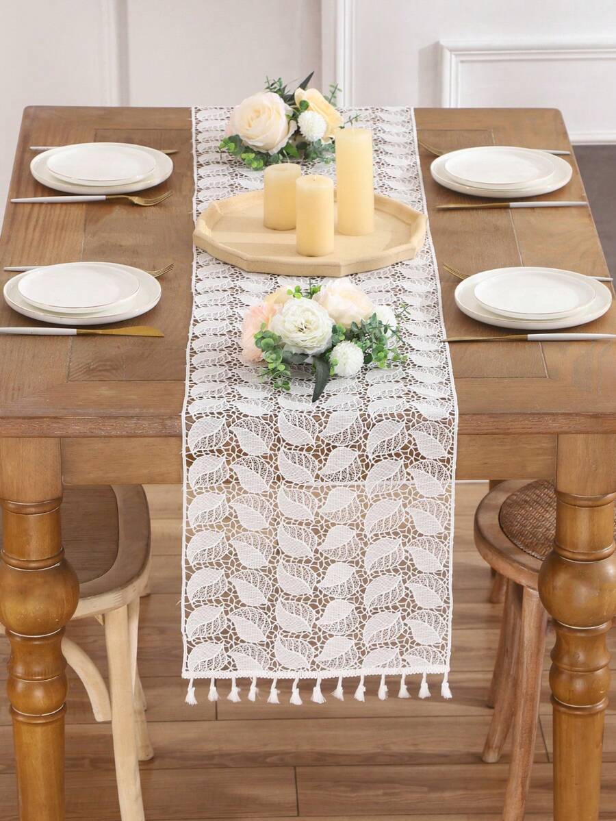 1pc White Lace Table Runner With Fringe And Leaf Pattern For Wedding Party Decoration - Black and White - View 1