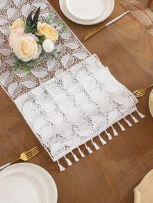 1pc White Lace Table Runner With Fringe And Leaf Pattern For Wedding Party Decoration - Black and White - View 2