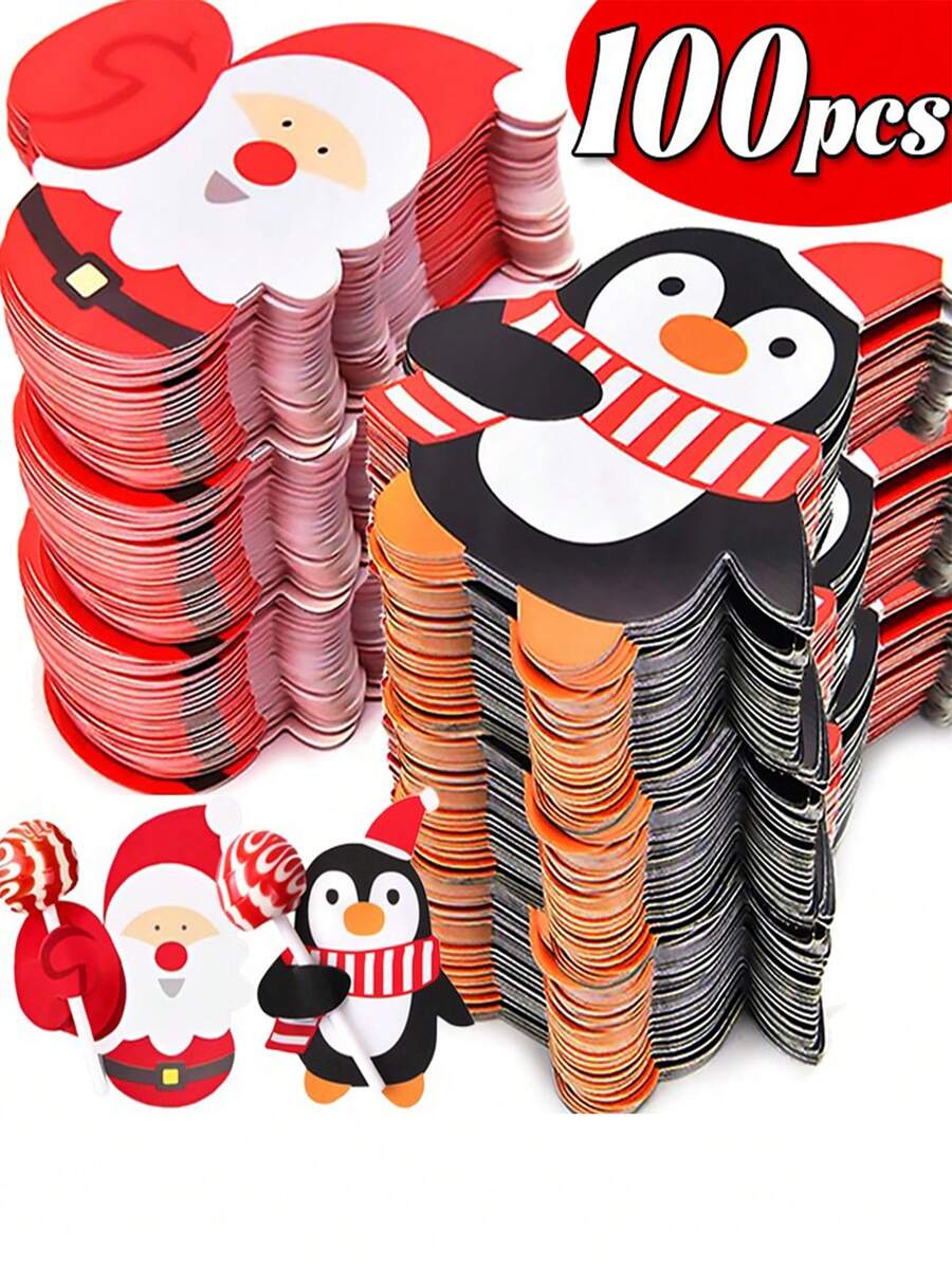 100入組聖誕糖果禮物包裝紙板,聖誕老人和企鵝棒棒糖紙卡,派對禮物裝飾卡 - 彩色 - 查看 1
