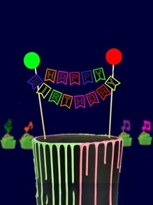 1pc Fluorescent Happy Birthday Cake Topper With Neon Multicolor Flags For Birthday Party Decoration (glow Requires Uv Light) - Multicolor - View 1
