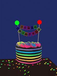 1pc Fluorescent Happy Birthday Cake Topper With Neon Multicolor Flags For Birthday Party Decoration (glow Requires Uv Light) - Multicolor - View 2