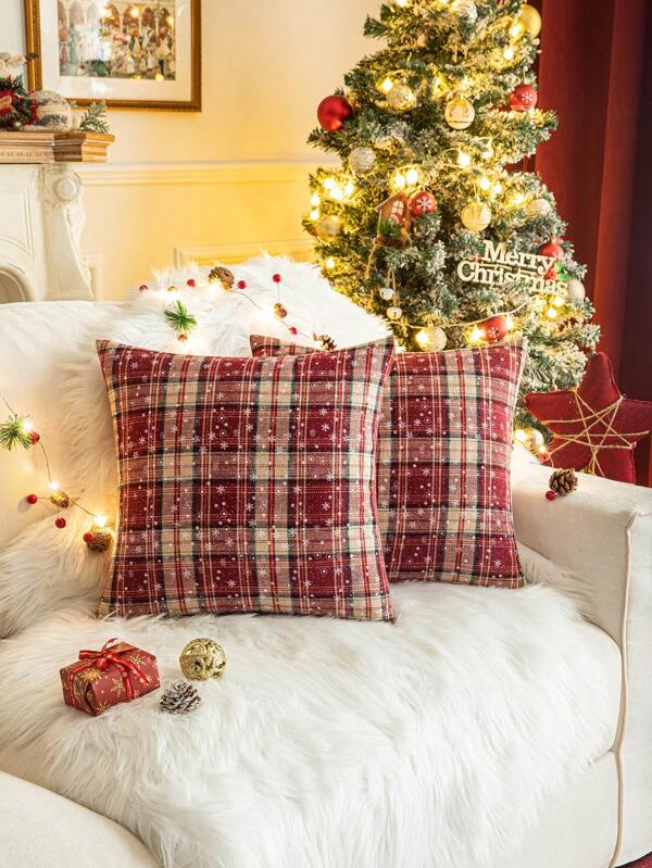 1 件雪花格子图案靠垫套，居家卧室沙发装饰