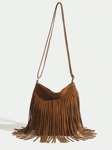 1 pieza Bolso saco de mujer vintage con flecos, bolso bandolera pequeño reversible con flecos