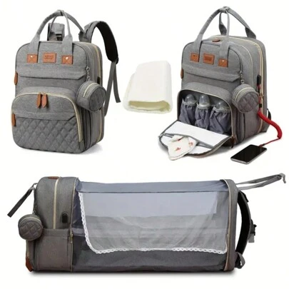 1pc Gray Diaper Bag Large Capacity Mummy Bag, Portable Travel Baby Bed Bag