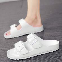 Men's Plastic Waterproof Non-Slip Solid Black Round Toe Flat Slide Sandals