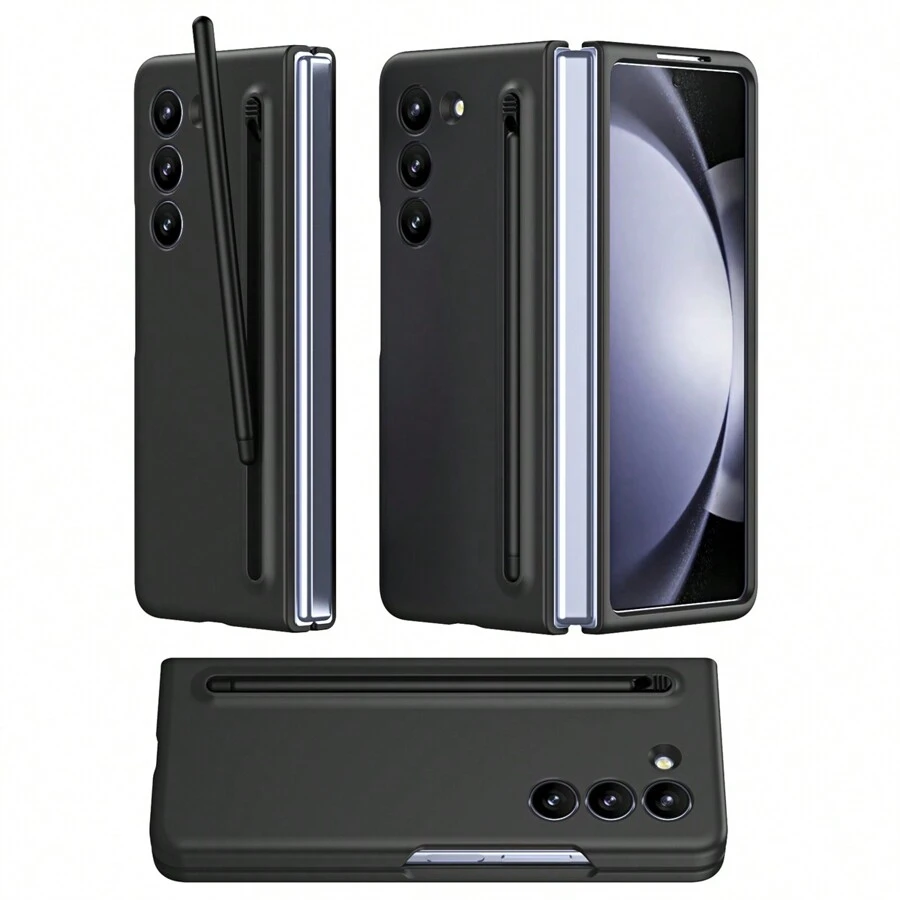 1入女孩專用粉色折疊式皮紋啞光金屬飛龍設計觸控筆＆硬殼＆筆槽＆防摔＆多重保護＆薄型＆商務風格掀蓋手機套，不吸指紋，適用於三星Galaxy Z Fold5 Fold4 Fold3