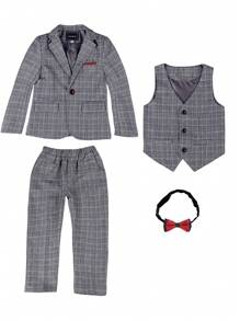 Tween Boy's Checkered Single-Breasted Blazer And Vest Suit, Suit Trousers And Bowtie Set Without Shirt - Grey - View 2