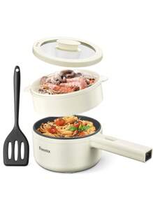 Reemix Hot Pot Electric With Steamer, 1.6L(54.11oz) Ramen Cooker Non-Stick Sauté Pan For Steak, Egg, Fried Rice, Ramen, Oatmeal, Soup, Portable Personal Hot Pot Perfect Suit For Dorm Room And Apartment - 米色 - 查看 1