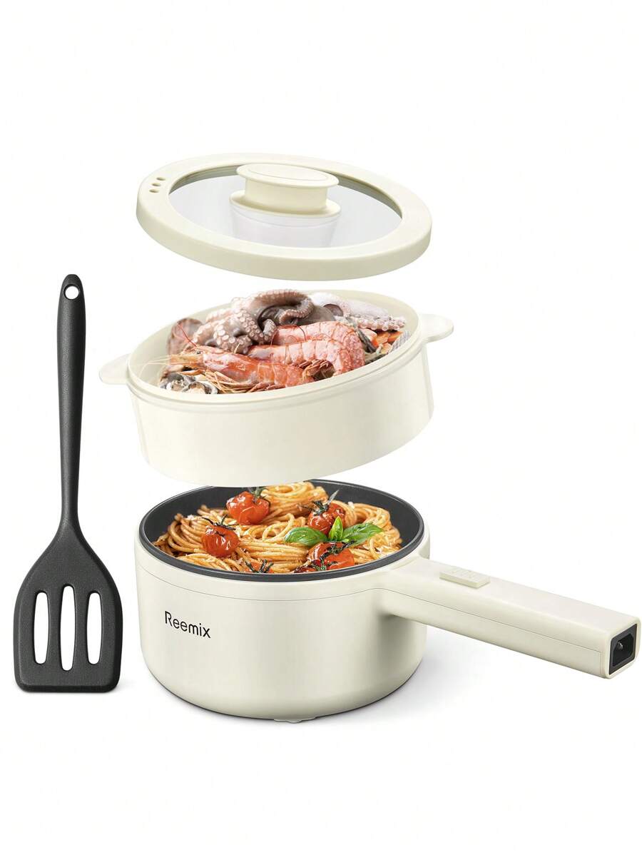 Reemix Hot Pot Electric With Steamer, 1.6L(54.11oz) Ramen Cooker Non-Stick Sauté Pan For Steak, Egg, Fried Rice, Ramen, Oatmeal, Soup, Portable Personal Hot Pot Perfect Suit For Dorm Room And Apartment - 米色 - 查看 1