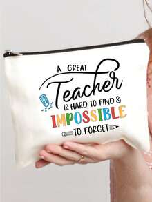 簡單字母印花卡通印花拉鍊袋，輕便隨身包，教師多功能便攜式化妝包，教師欣賞帆布收納袋，洗漱包，便攜式化妝包，女士禮品化妝收納化妝收納化妝包洗漱包 - 白色 - 查看 3