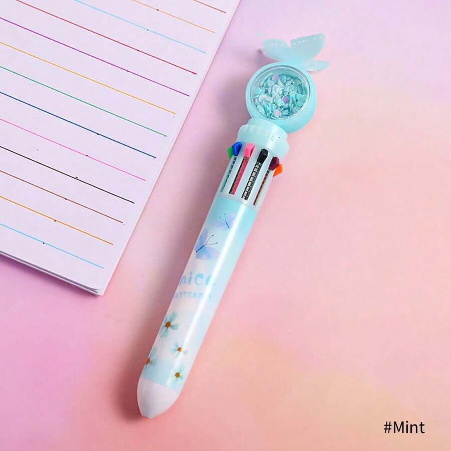 1pc Blue Color 10-color Butterfly Glitter Ballpoint Pen - Blue - View 1