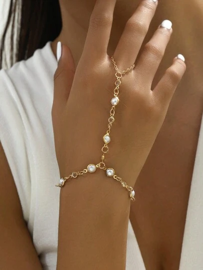 1pc Edged Pearl & Crystal Decor Simple Style Fingerless Bracelet (Handmade Chain Can Be Cut To Size, Pearl Quantity & Crystal Size Varies)