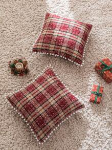 Christmas Snowflake & Plaid Print Pom Pom Trim Cushion Cover Without Filler - Nhiều màu - Xem 7
