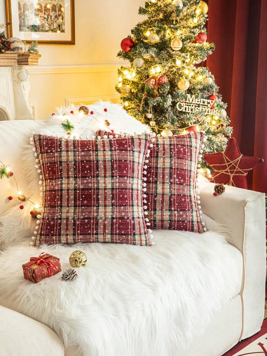 Christmas Snowflake & Plaid Print Pom Pom Trim Cushion Cover Without Filler