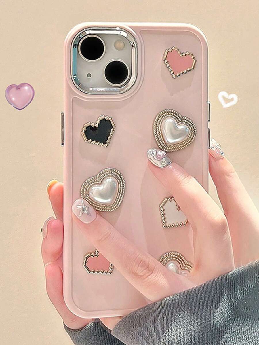 1入粉紅色心形人造珍珠裝飾電鍍按鍵手工DIY手機殼 - 粉色 - 查看 1