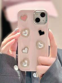 1入粉紅色心形人造珍珠裝飾電鍍按鍵手工DIY手機殼 - 粉色 - 查看 3