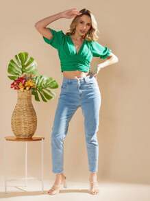 Women's Cropped Blouse / Princess Sleeves / Draped Blouse / Tie Back / With Built-In Bra - màu xanh lá - Xem 4