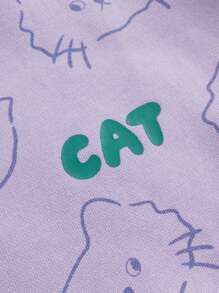 2pcs/set Young Girls' Sweet & Fun Cat Print Oversized Sweatshirt And Pleated Skirt Outfits For Autumn