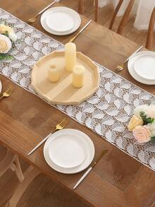 1pc White Lace Table Runner With Fringe And Leaf Pattern For Wedding Party Decoration - Black and White - View 7