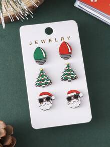 3對/組復古聖誕老人、彩色燈光、聖誕樹釘式耳環套裝和女性木質聖誕耳環珠寶 - 彩色 - 查看 2