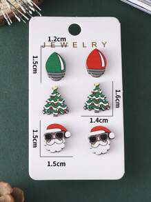 3對/組復古聖誕老人、彩色燈光、聖誕樹釘式耳環套裝和女性木質聖誕耳環珠寶 - 彩色 - 查看 5