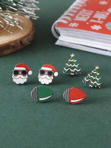 3對/組復古聖誕老人、彩色燈光、聖誕樹釘式耳環套裝和女性木質聖誕耳環珠寶 - 彩色 - 查看 4