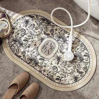 1pc Polyester Retro Flowers Bathroom Mat, Water Absorbent Rubber Anti-Slip Foot Pad ,Room Decor