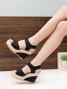 New Arrival Stylish Elegant Platform Thick Sole Comfortable Women's Sandals - Wedge Heel Sandals With Hook-And-Loop, Thick Bottom Platform Shoes, Breathable Lace Hollow Out Wedge Sandals, Open Toe Waterproof Platform High Heel Sandals For Women, Versatile Banquet Matte Shoes