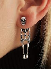 1pair Unique Detachable Realistic Human Skull Skeleton Earrings For Women, Perfect For Halloween Parties - Silver - View 1