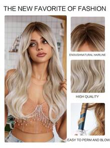 可愛的假髮-金色中分前瀏海長卷26英寸日常仿真頭皮自然女人假髮,適用於婚禮、派對 - 漸層 - 查看 6